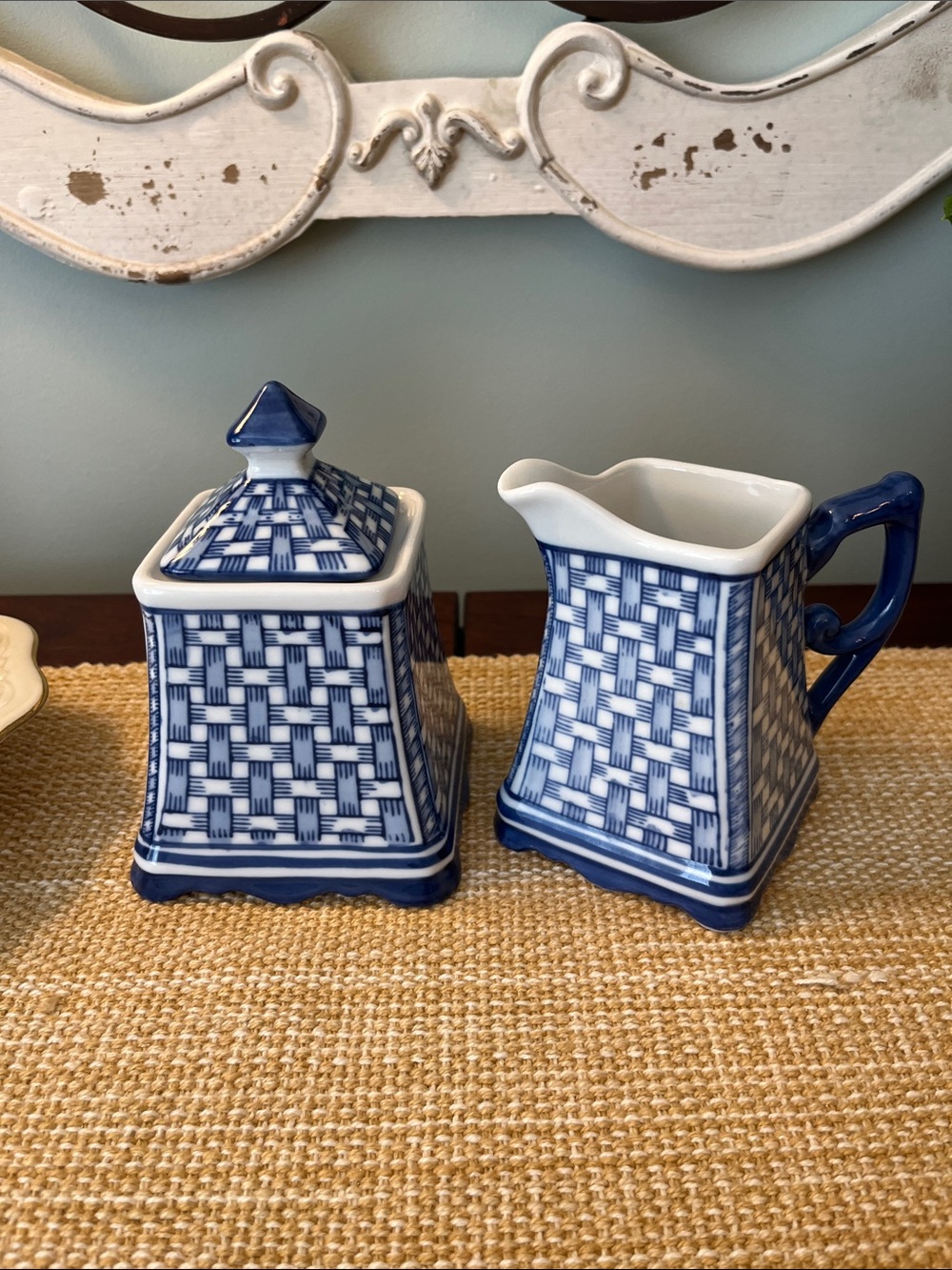 Pacific Rim Blue and White Basketweave Ceramic Sugar and Creamer Set